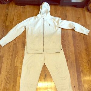 Men’s Large Cream Polo Hooded Jogging Suit EUC